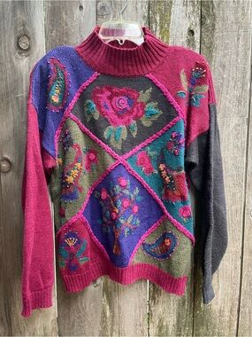 True Vintage Jantzen Burgundy Multicolor Floral Patchwork Embroidered Sweater